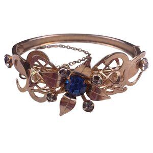 Gold Filled Womens Gold Tone & Blue Crystal Filigree Cuff Bracelet Vintage